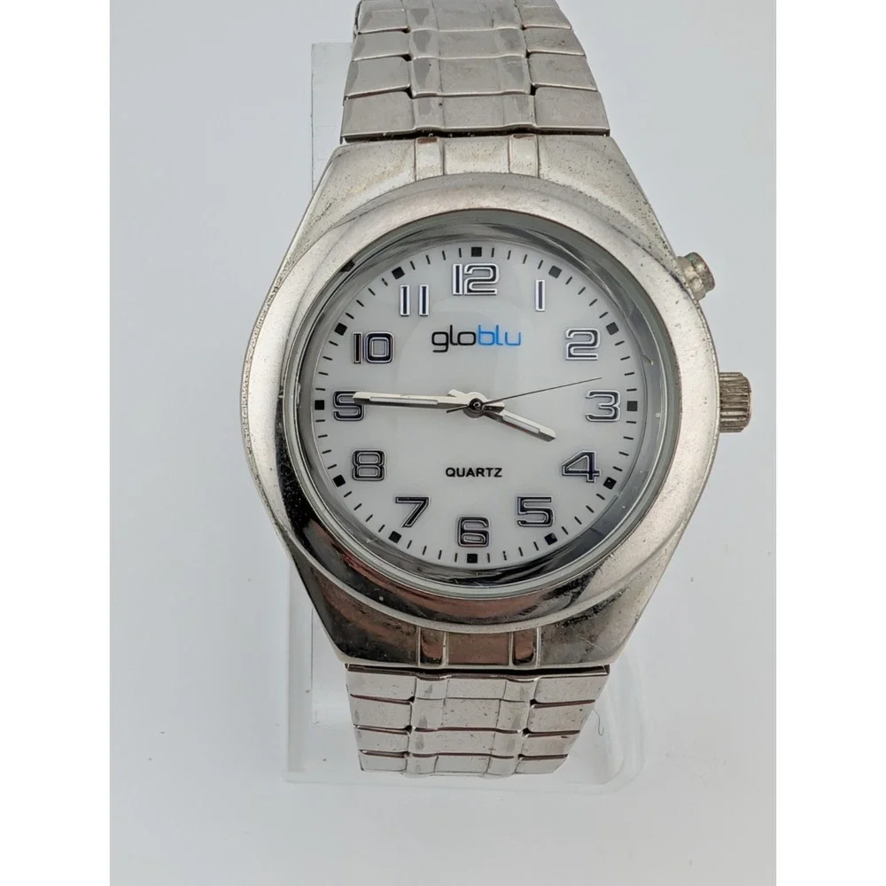 Globlu Watch Men Silver Tone White Dial‎ Easy Read Stretch Band- New Battery